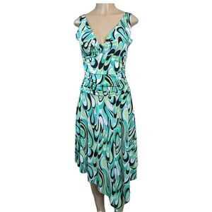 Blue Sage Womens Asymmetric Dress Fit & Flare Abstract V Neck Stretch Green‎ XL